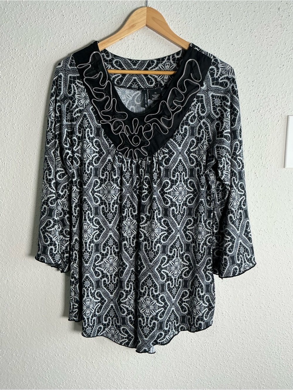 new directions Black & White Patterned Tunic with Decorative Neckline